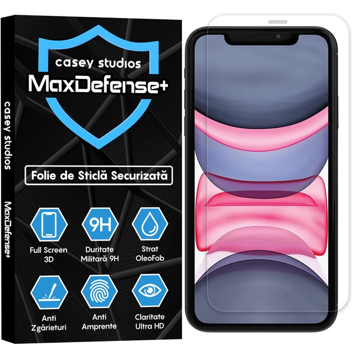 Folie Sticla CASEY STUDIOS™ pentru Apple iPhone XR / 11, MaxDefense+ Classic, Full Cover 3D, Full Glue, Sticla Securizata, Duritate Militara, Ultra HD, Protectie Profesionala Ecran 3D, Anti Zgarieturi, Anti Socuri, Negru