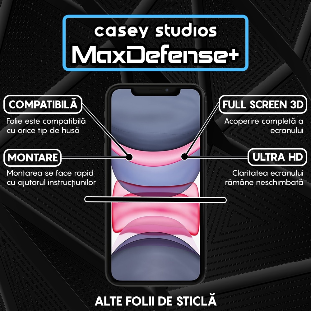 Folie Sticla Privacy CASEY STUDIOS™ compatibila cu iPhone XR / 11, MaxDefense+ Privacy, Full Cover 3D, Full Glue, Sticla Securizata, Duritate Militara, Ultra HD, Protectie Profesionala Ecran 3D, Anti Zgarieturi, Anti Socuri, Negru