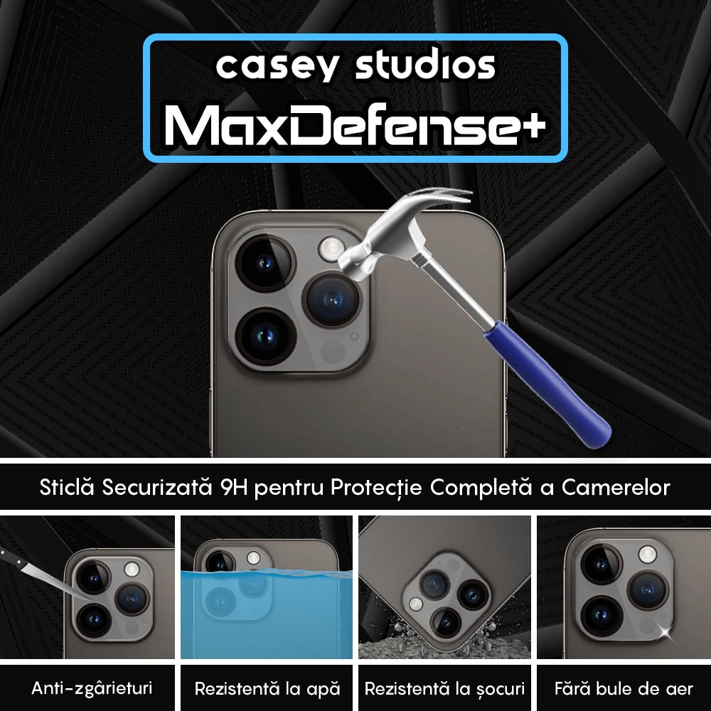 Set 2x Folie Sticla Camera compatibil cu iPhone 13 Pro / 13 Pro Max, CASEY STUDIOS™ MaxDefense+, Protectie Securizata, Duritate 9H, Full Cover, Anti Zgarieturi, Ultra HD, Protectie Profesionala Camere 3D, Anti Zgarieturi, Anti Socuri