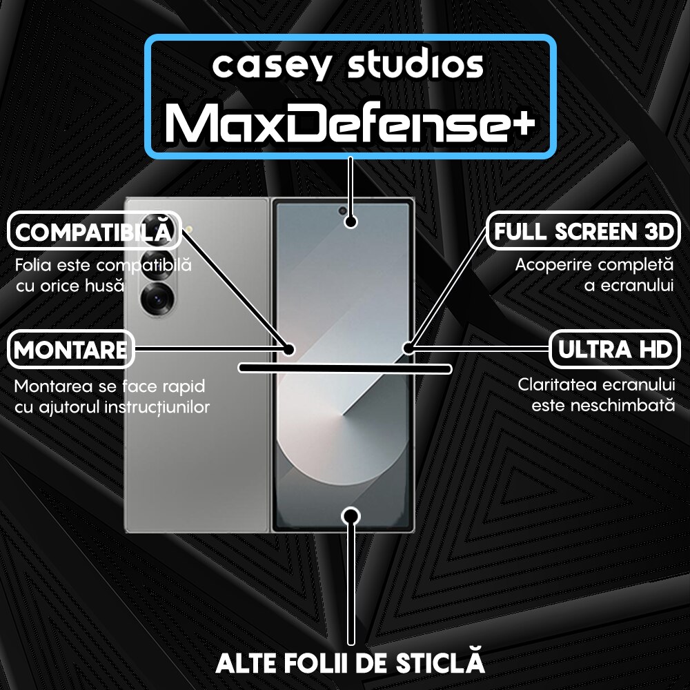 Folie Sticla CASEY STUDIOS™ compatibila cu Samsung Galaxy Z Fold6, Full Cover 3D, Full Glue, Sticla Securizata, Duritate Militara, Ultra HD, Protectie Profesionala Ecran 3D, Anti Zgarieturi, Anti Socuri, Margini Negre