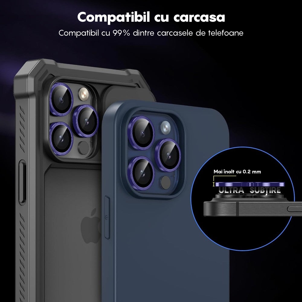 Folie Protectie Lentile Camera compatibila cu iPhone 15 Pro / iPhone 15 Pro Max, CASEY STUDIOS™ MaxDefense+, Ultra HD, Anti Amprente, Anti Zgarieturi, Anti Socuri, Mov inchis