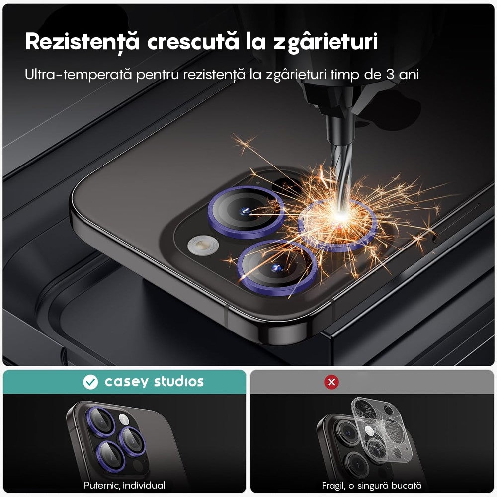 Folie Protectie Lentile Camera compatibila cu iPhone 15 Pro / iPhone 15 Pro Max, CASEY STUDIOS™ MaxDefense+, Ultra HD, Anti Amprente, Anti Zgarieturi, Anti Socuri, Mov inchis