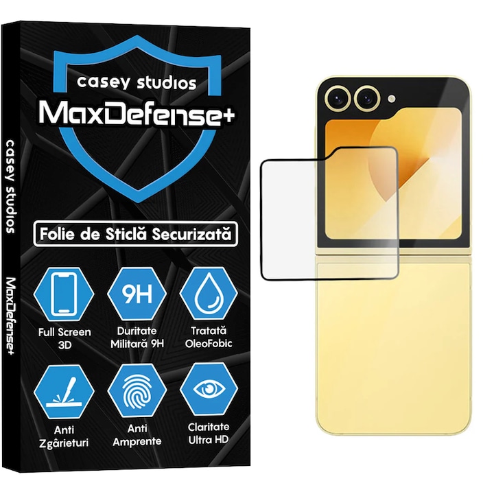 Folie Sticla CASEY STUDIOS™ pentru Samsung Galaxy Z Flip6, MaxDefense+, Sticla Securizata, Duritate Militara, Anti Zgarieturi, Anti Socuri