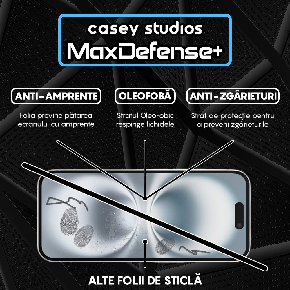 Folie Sticla CASEY STUDIOS™ compatibila cu iPhone 16, MaxDefense+ Privacy, Full Cover 3D, Full Glue, Sticla Securizata, Duritate Militara, Ultra HD, Protectie Profesionala Ecran 3D, Anti Zgarieturi, Anti Socuri
