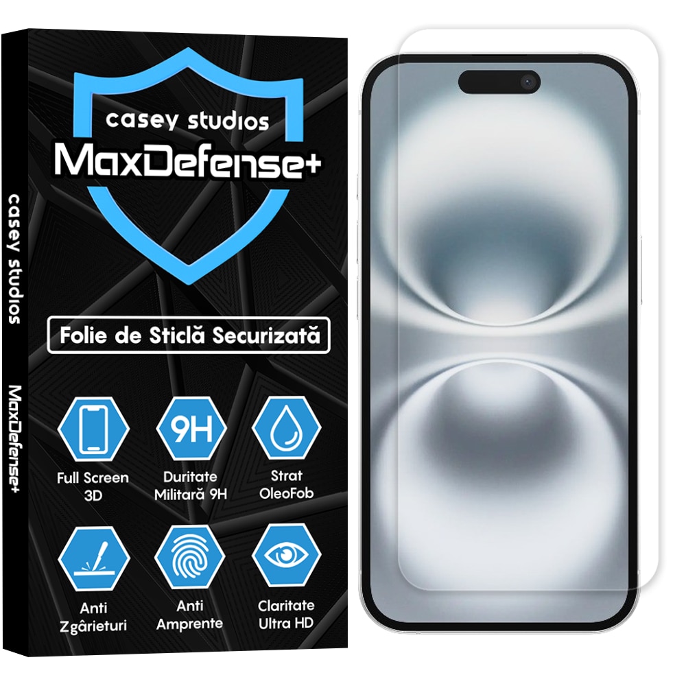 Folie Sticla CASEY STUDIOS™ pentru Apple iPhone 16, Anti Socuri, Anti Zgarieturi, Protectie Profesionala Ecran 3D, Ultra HD, Duritate Militara, Sticla Securizata, Full Glue, Full Cover 3D, MaxDefense+ Classic