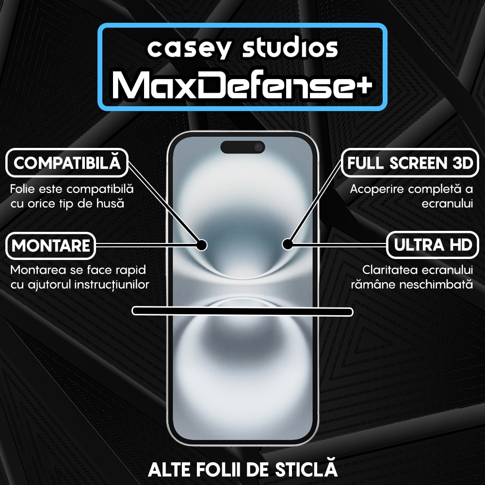 Folie Sticla CASEY STUDIOS™ compatibila cu iPhone 16, MaxDefense+ Privacy, Full Cover 3D, Full Glue, Sticla Securizata, Duritate Militara, Ultra HD, Protectie Profesionala Ecran 3D, Anti Zgarieturi, Anti Socuri