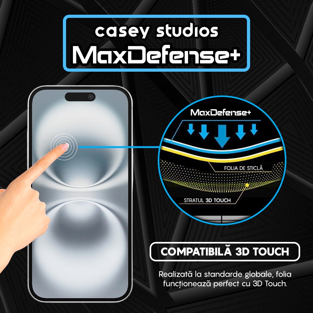 Folie Sticla CASEY STUDIOS™ compatibila cu iPhone 16, MaxDefense+ Privacy, Full Cover 3D, Full Glue, Sticla Securizata, Duritate Militara, Ultra HD, Protectie Profesionala Ecran 3D, Anti Zgarieturi, Anti Socuri
