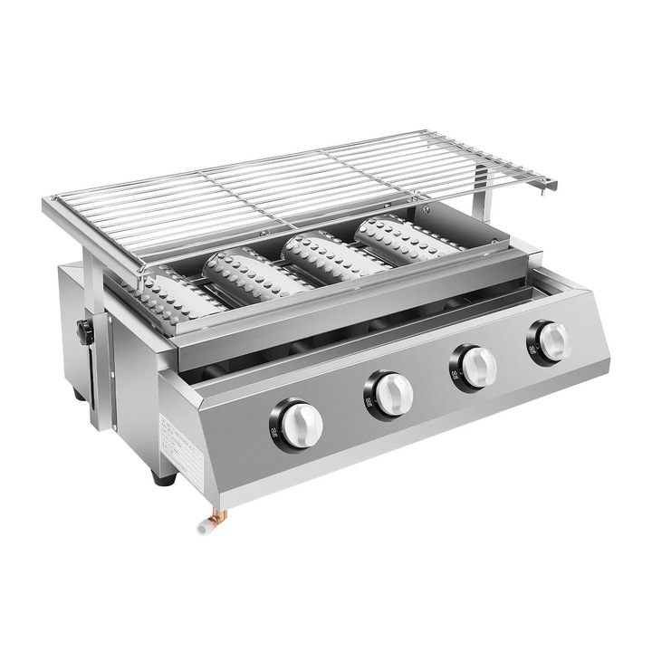 Rozsdamentes acél gázgrill, 4 égős, Elektronikus gyújtás, Állítható magasságú grillrács 0–7 cm, GPL 2800 Pa, Gáztömlő Ø10 mm, Ezüst