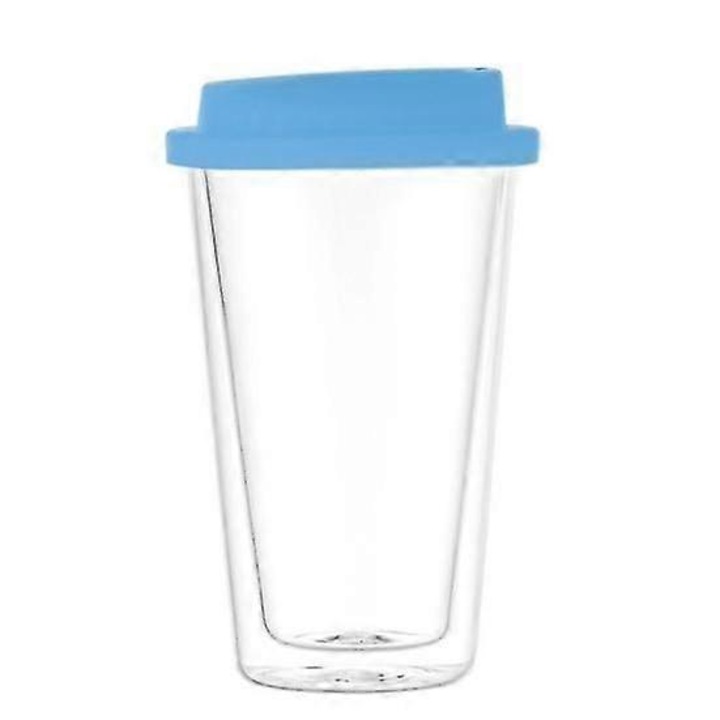 Üveg teáscsésze, 350ml, szilikon fedéllel, dupla rétegű, könnyen tisztítható, átlátszó
