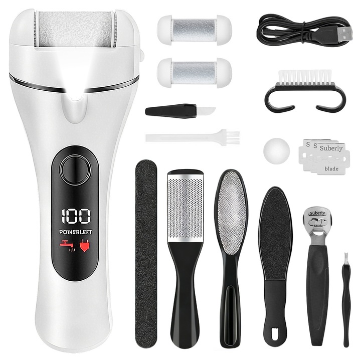 Pila Electrica pentru Talpi si Calcaie, gxwcyi, Display Digital, Indepartare Piele Moarta si Calus, 1200 mAh, Pila Electrica Calcaie cu 3 Role Incluse, Accesorii pentru Pedichiura, Pila Calcaie Alba