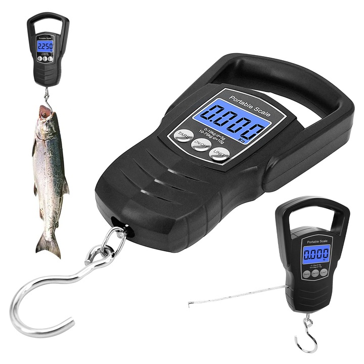 Cantar portabila digitala de mana, gxwcyi, 50 kg, cu banda de masurare 1, 5 M, 4 unitati comutabile, Precizie 0.01, Afisaj LCD, Oprire automata, baterie inclusa, negru