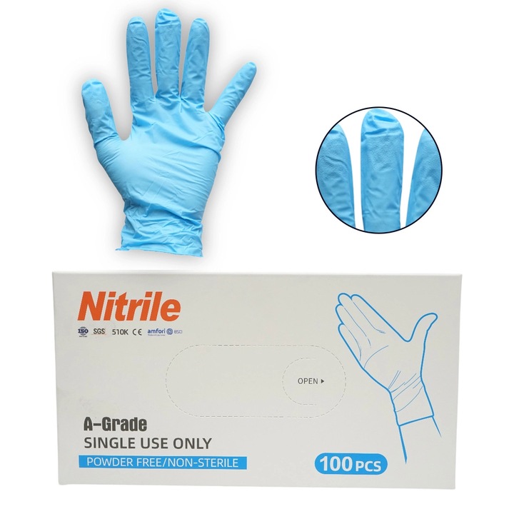 Manusi din nitril albastre nepudrate cu textura aderenta pe degete, marimea M 100 buc/cutie