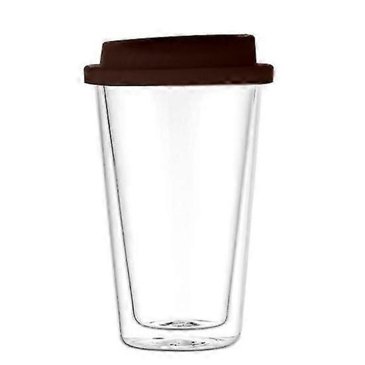 Cana din sticla cu capac din silicon, 350ml, dublu strat, rezistent la caldura, transparent, 9x16cm