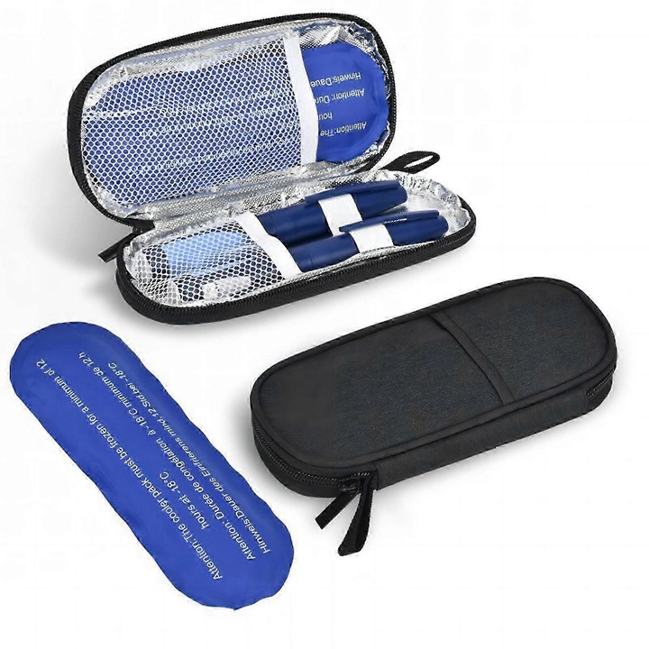 Cutie racire insulina, 2 pachete de gheata reutilizabile, material impermeabil, dimensiuni 19.5x8.5x3cm, culoare neagra