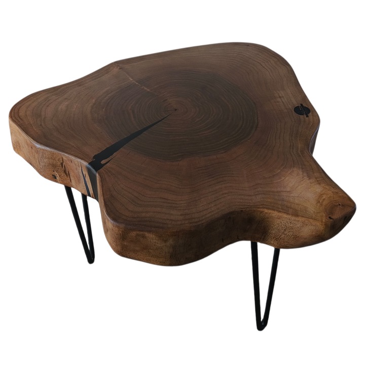 Măsuță cafea, lemn masiv nuc, 63x58cm, picioare metalice