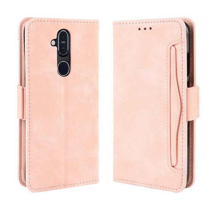 Husa multifunctionala pentru telefon, roz, compatibil cu 8.1, cu suport pentru carduri si sloturi pentru bani