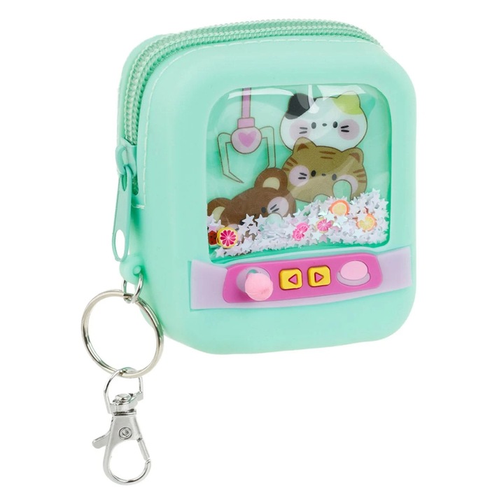Portofel - Breloc din Silicon Verde cu Model Video Game Cleste cu Ursulet pentru Copii7.5x3x9cm