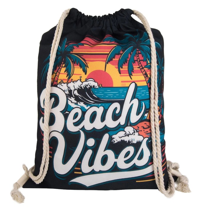 Rucsac Negru cu Model Plaja Palmieri "Summer vibes" 33.5x44cm