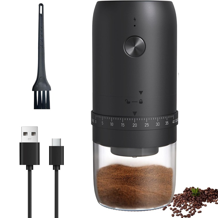 FooFoony Rasnita electrica portabila pentru cafea, granulatie ajustabila pe 40 de trepte cu inel exterior, baterie reincarcabila 1800mAh USB-C, autonomie pana la 30 de cepe, compacta si universala, inclusiv cablu USB-C si perie de curatat, Negru