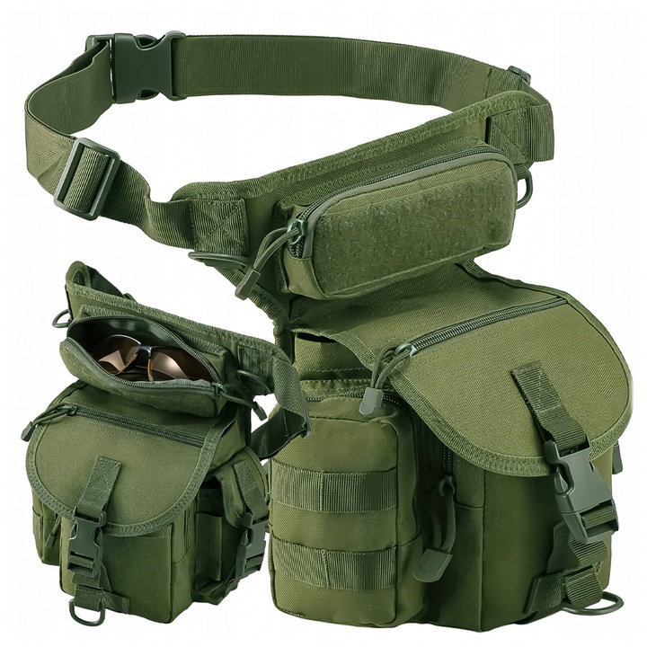 Taktikai Katonai Lábzsák, 600DEN Anyagból, Állítható Pántok, Velcro Felület, Több Rekesz, 30.5 x 22.8 cm, Zöld