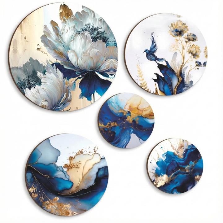 Decoratiune de perete Flori albe pentru peretele din sufragerie sau dormitor, 5 bucati