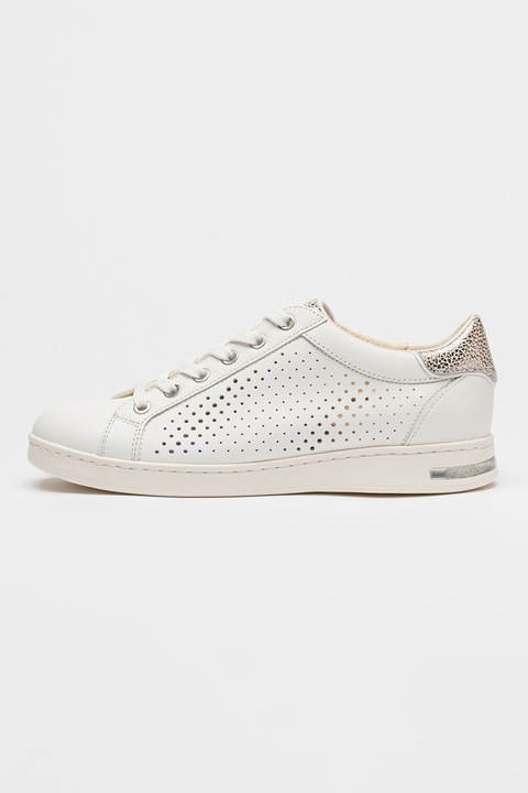 Geox, Pantofi sport Jaysen din piele cu aspect cu perforatii, Alb murdar
