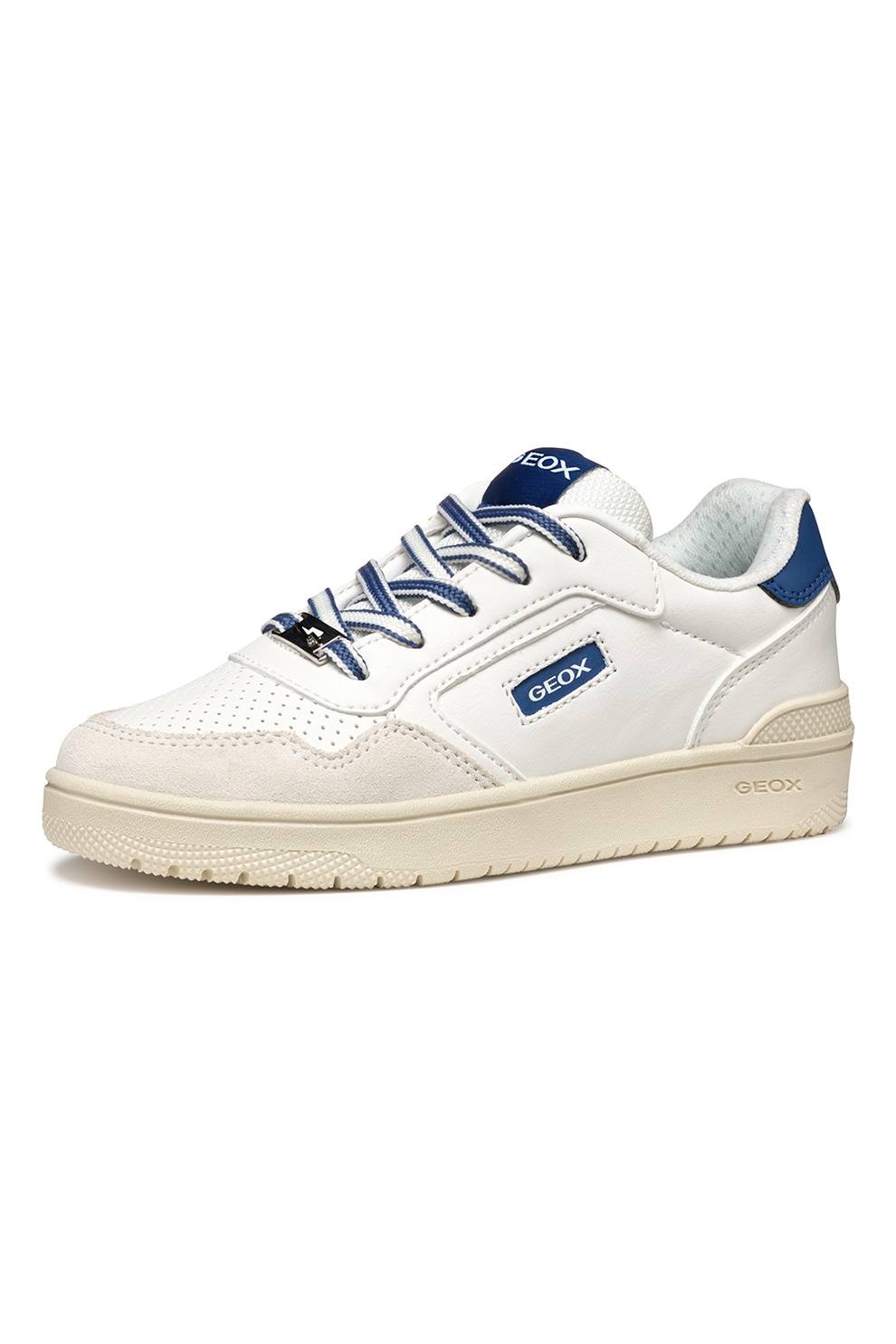 Geox, Pantofi sport cu garnituri din piele intoarsa si perforatii, Alb murdar, Bleumarin, 35 EU