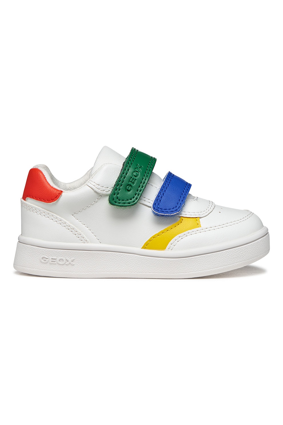 Geox, Pantofi sport Eclyper Toddler din piele ecologica cu velcro, Galben, Albastru royal, Alb optic, 23 EU