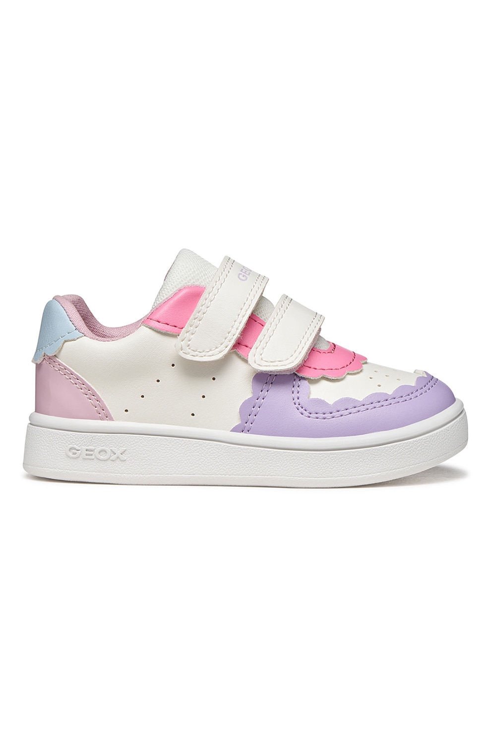 Geox, Pantofi sport Eclyper in piele ecologica cu velcro, Lila, Alb optic, Roz, 21 EU