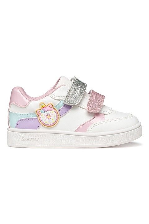 Geox, Pantofi sport din piele ecologica cu banda dubla velcro, Rosu/Albastru deschis/Bleumarin