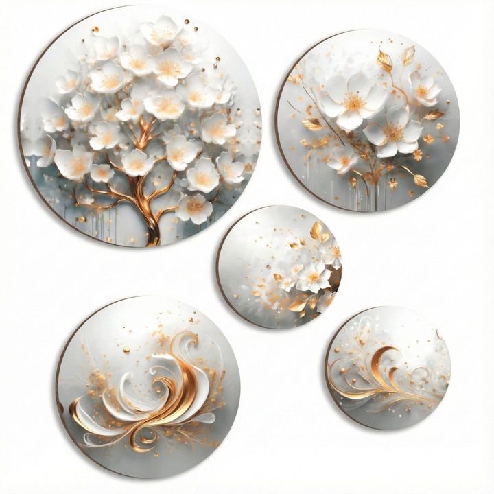 Set de 5 tablouri rotunde bej pentru sufragerie si dormitor