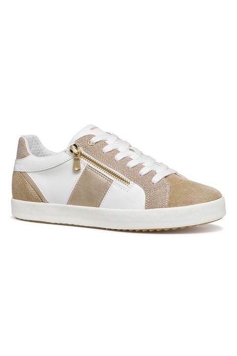 Geox, Pantofi sport cu detalii de piele intoarsa, Alb/Kaki