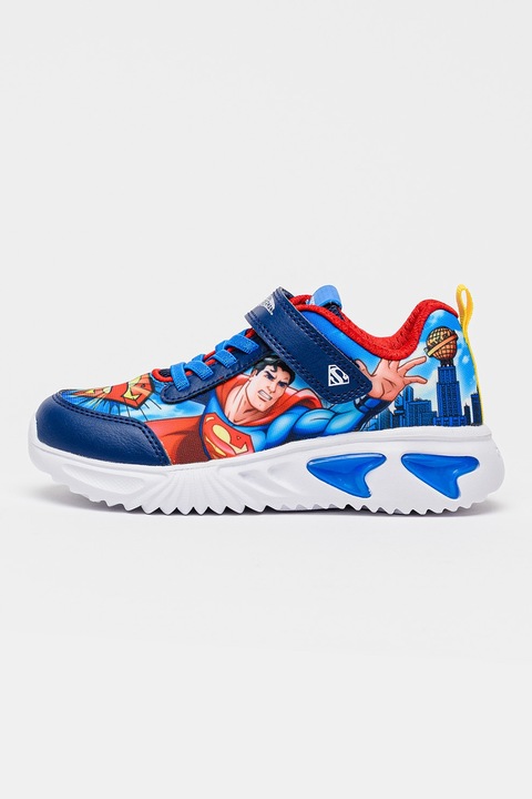 Geox, Pantofi sport Asister cu imprimeu Superman si led-uri, Rosu/Albastru royal/Alb optic