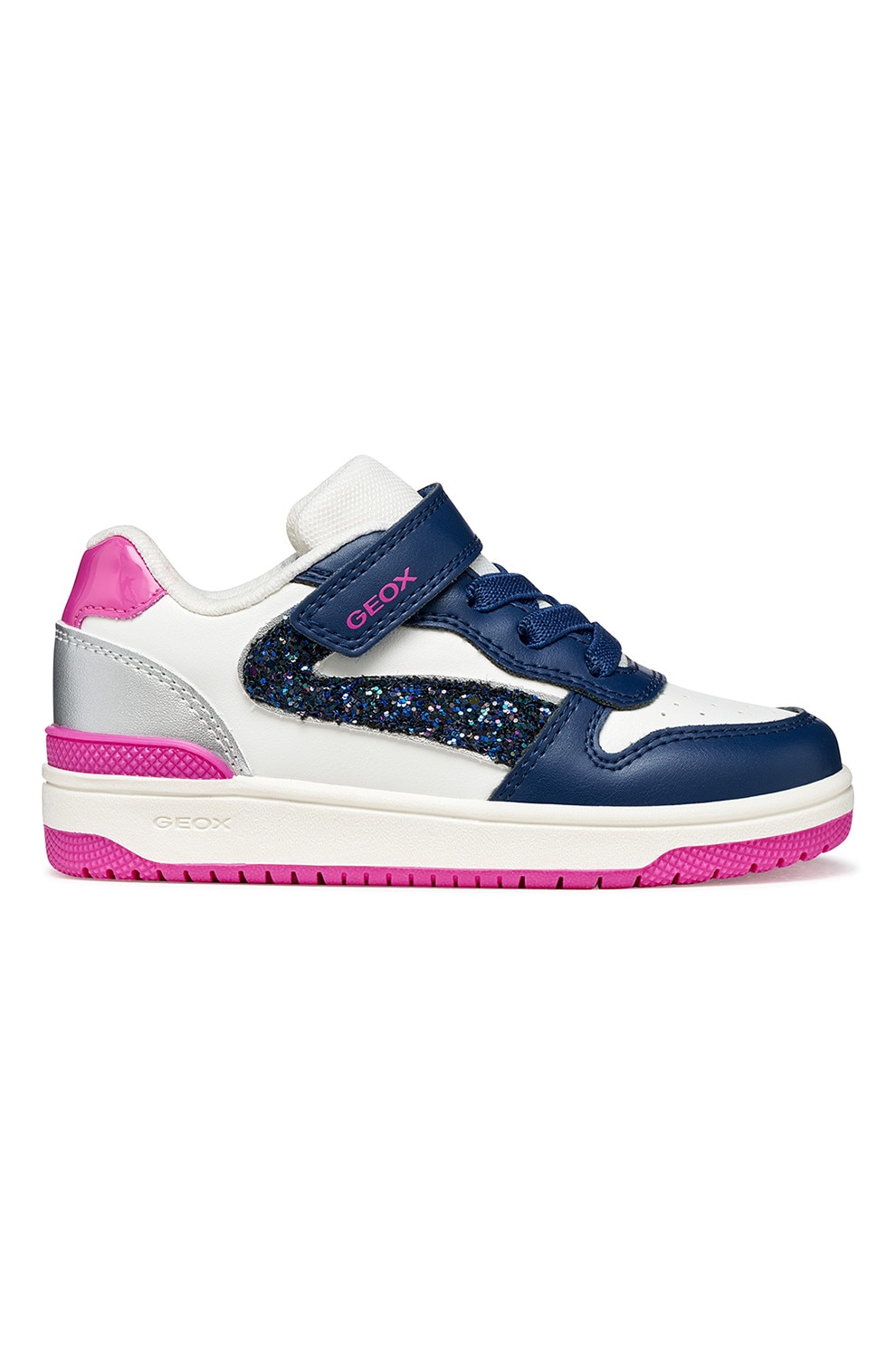Geox, Pantofi sport din piele ecologica cu velcro, Alb, Roz, 24 EU