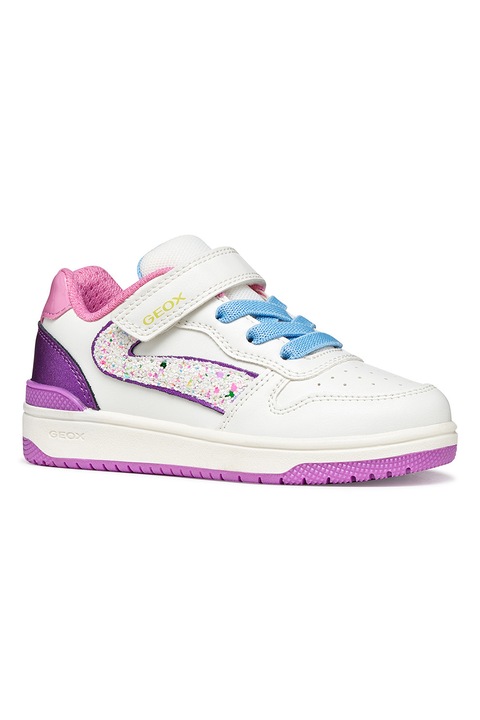 Geox, Pantofi sport din piele ecologica cu velcro, Alb/Violet