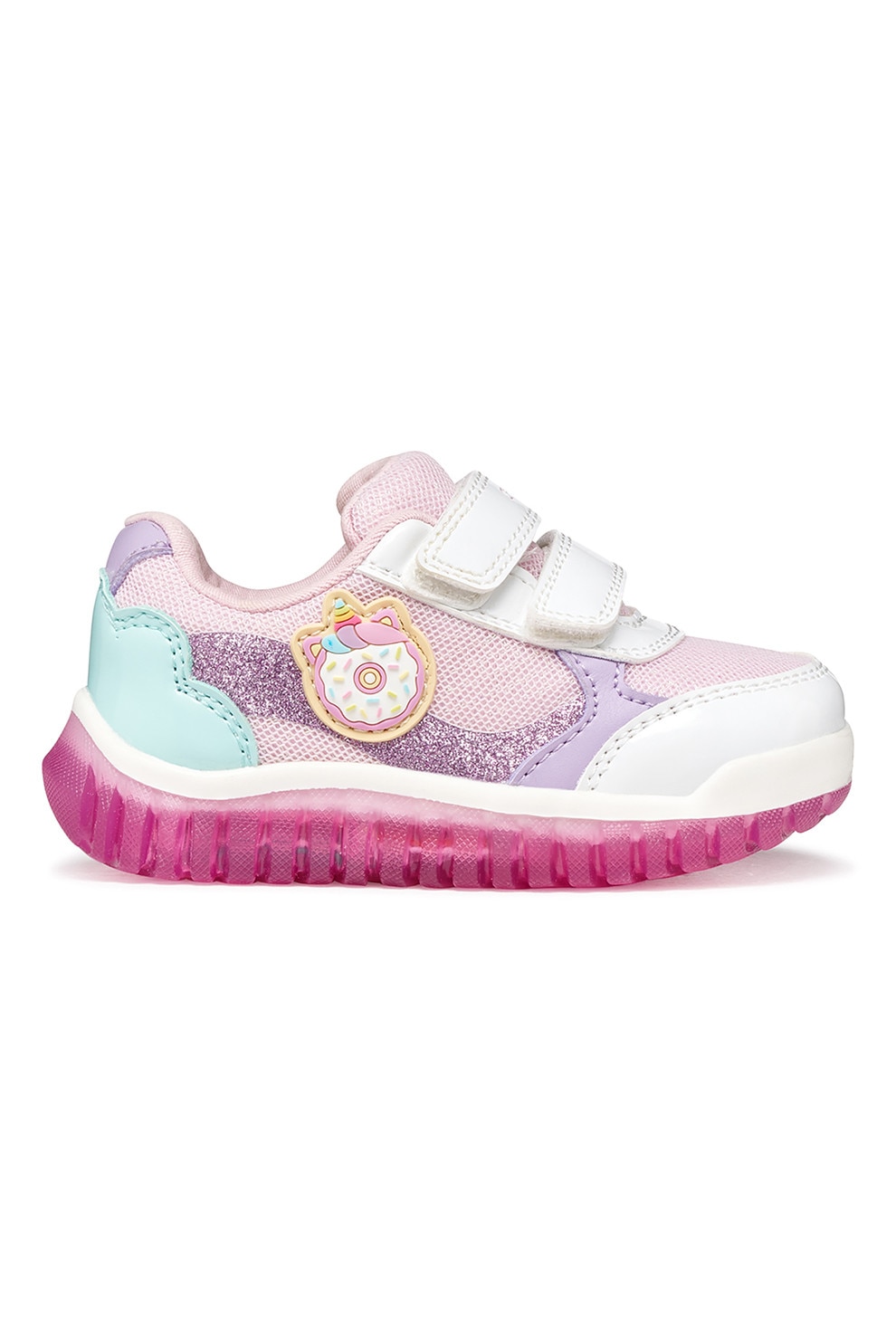 Geox, Pantofi sport Lightyloo cu velcro si lumini led, Alb, Lila, Roz pal, 23 EU