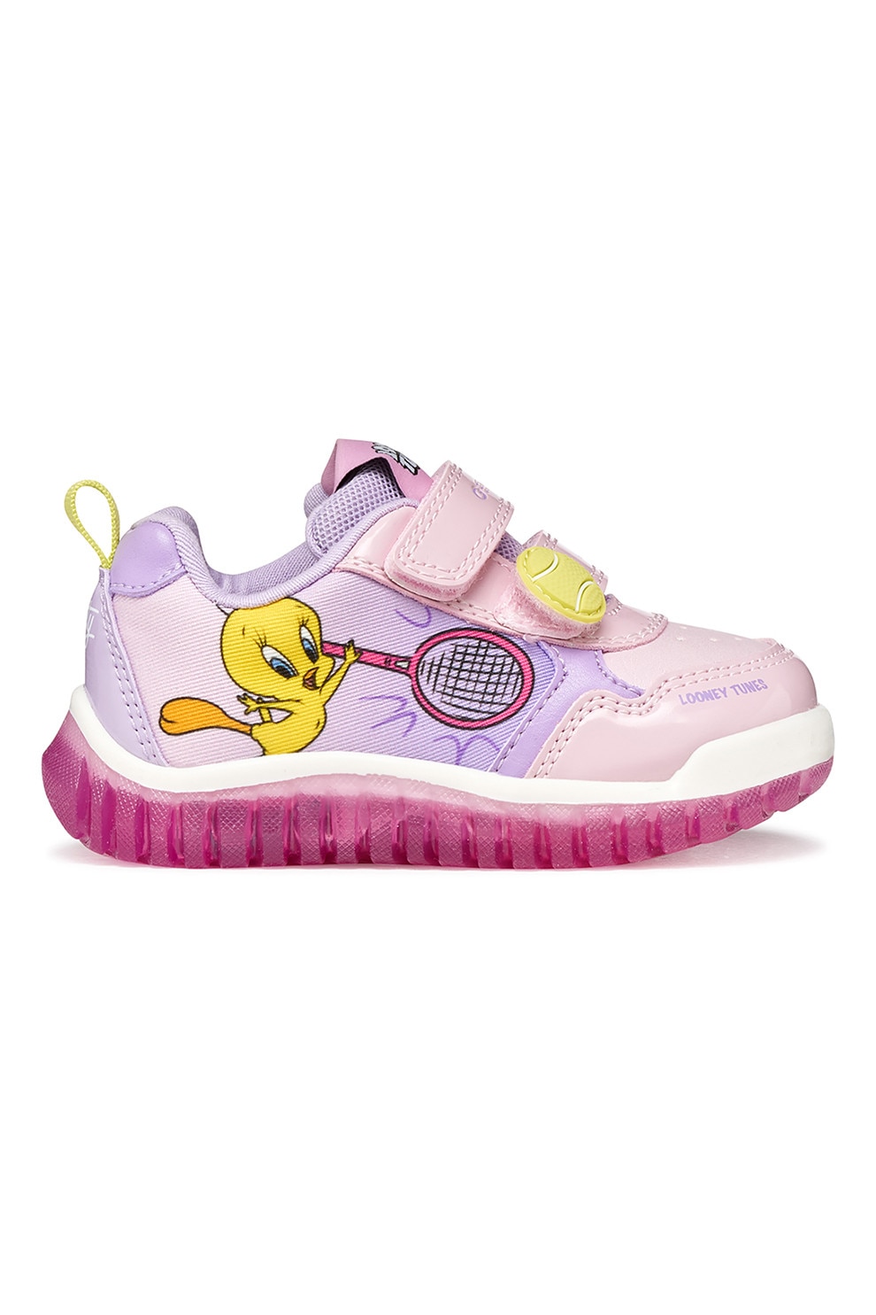 Geox, Pantofi sport Lightyloo cu lumini led si imprimeu Tweety, Galben, Lila, Roz, 20 EU