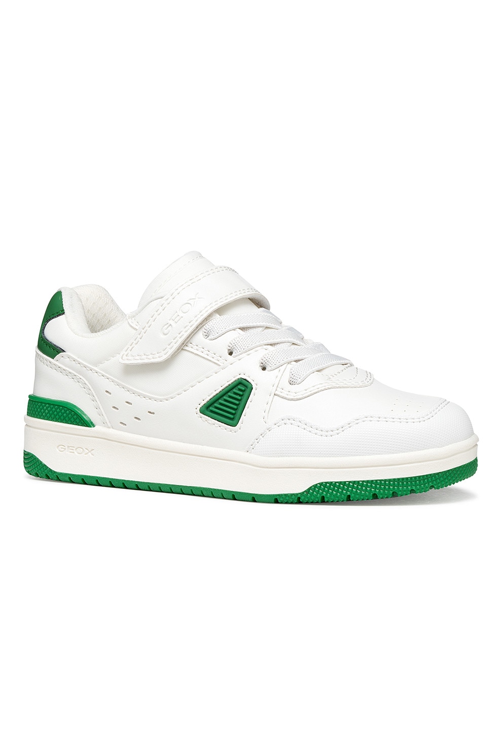 Geox, Pantofi sport Washiba din piele ecologica cu velcro, Alb, Verde, 33 EU