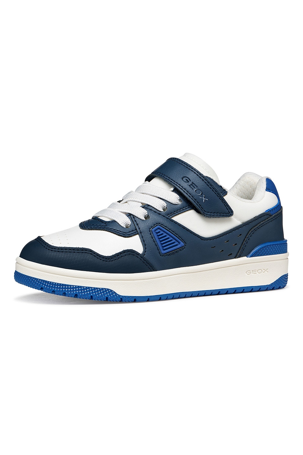 Geox, Pantofi sport Washiba din piele ecologica cu velcro, Alb, Albastru ultramarin, 25 EU