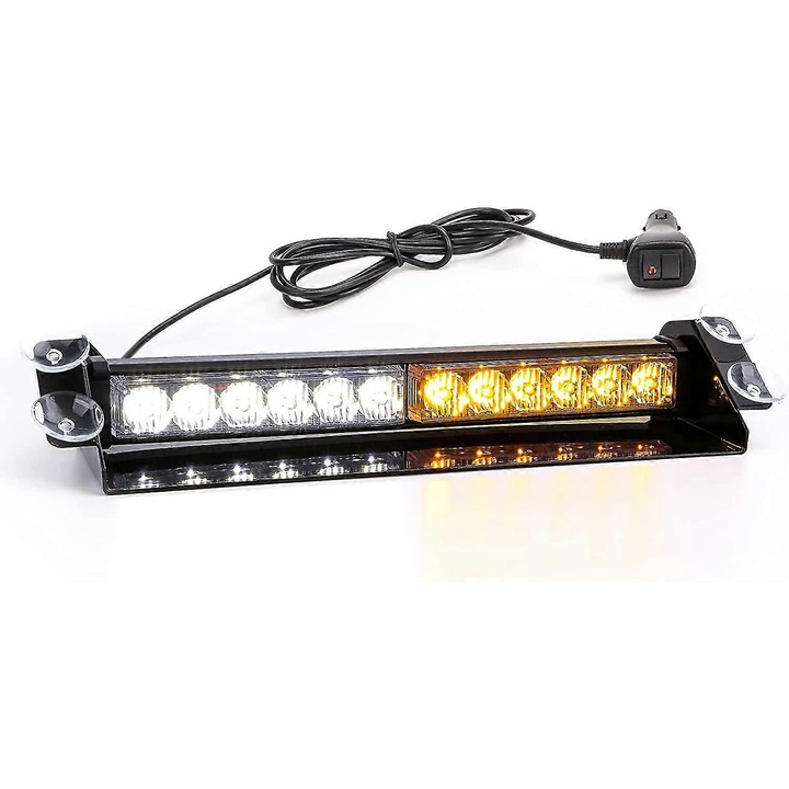 Lampa stroboscopica 14", 12 LED-uri, 9 moduri de flash, cu 4 ventuze, pentru masina, alimentare DC 12V, culoare amber/alb
