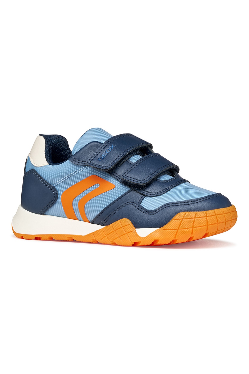 Geox, Pantofi sport din piele ecologica cu velcro, Portocaliu, Albastru, 25 EU