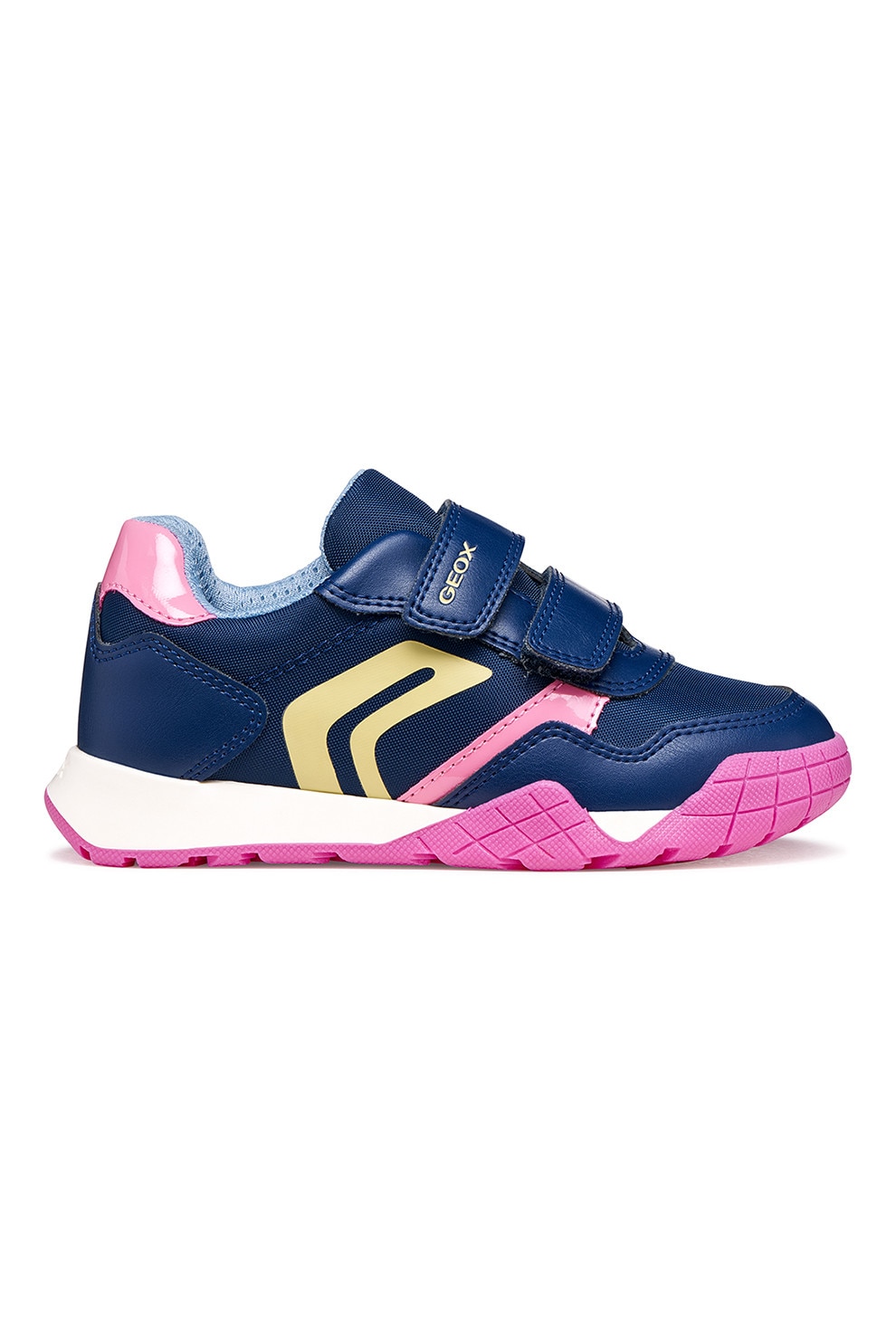 Geox, Pantofi sport din piele ecologica cu insertie din material textil si velcro, Roz deschis, Galben pastel, Bleumarin, 29 EU