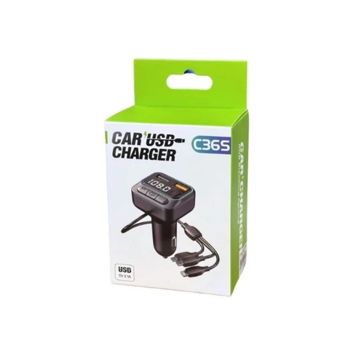 Modulator C36S, Bluethoot, 2 USB + tip C 3.1A, cu cablu 3 in 1 incarcare telefon