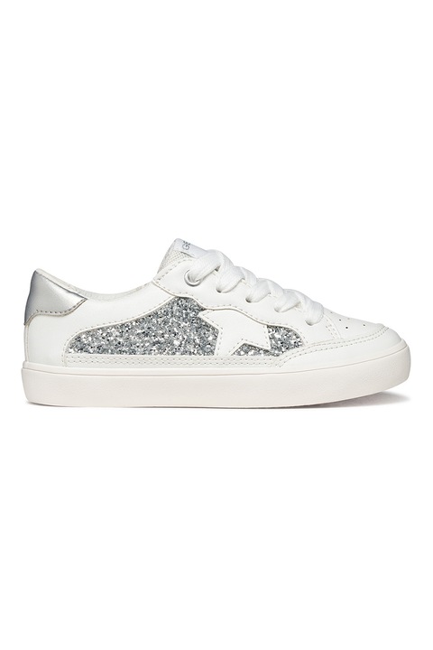 Geox, Pantofi sport low-cut cu segment stralucitor, Alb/Argintiu