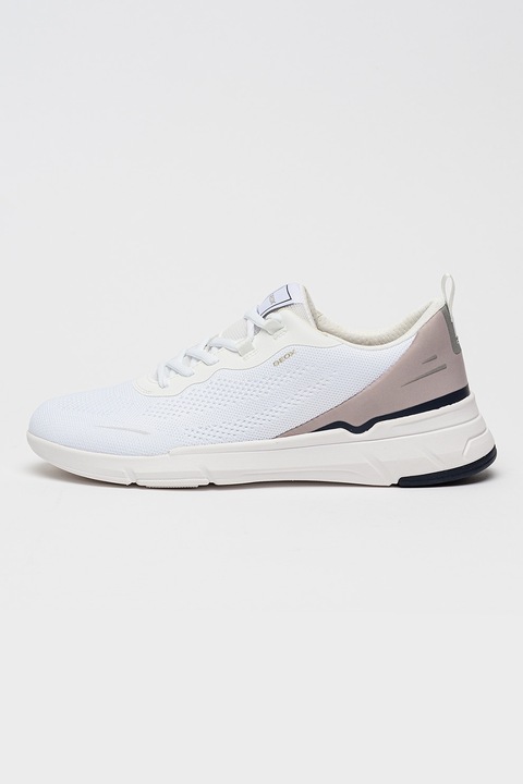 Geox, Pantofi sport Vittour din material textil cu insertii de piele ecologica, Gri deschis/Alb murdar/Maro pamantiu