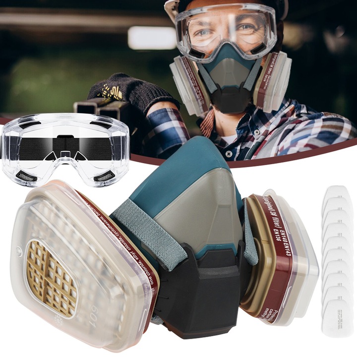 Set ochelari si masca de protectie, Bedee, reutilizabila, Cu 2 filtre de carbon activ, 10 filtre din bumbac, Protectie impotriva vaporilor, vopselei si prafului, cu ochelari de protectie, dublu filtru, TPE/Plastic, Gri/Transparent