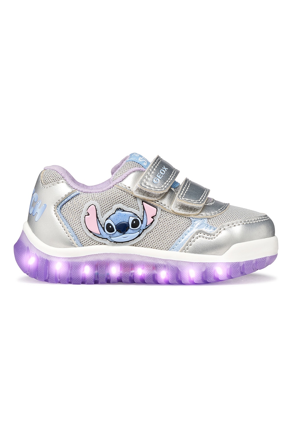 Geox, Pantofi sport Lightyloo de piele ecologica cu material textil, Lila, Argintiu, 20 EU
