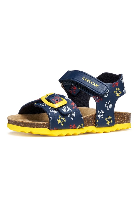 Geox, Sandale de piele ecologica cu velcro si model, Alb/Galben/Bleumarin