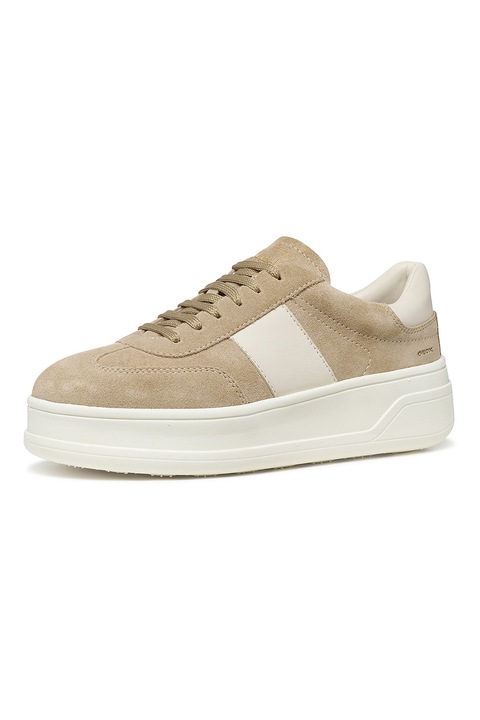 Geox, Pantofi sport Spherica flatform din piele intoarsa si piele, Maro nisip/Bej deschis