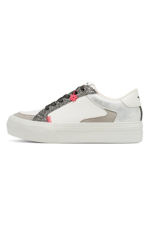 Tamaris, Műbőr flatform sneaker csillámos részlettel, Fehér/Ezüstszín